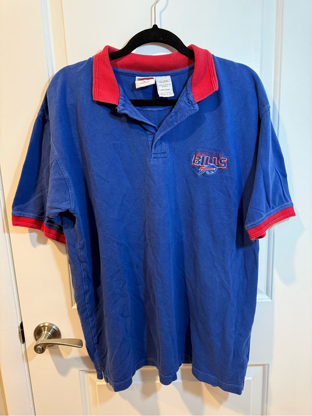 Vintage Buffalo Bills Men’s Royal Blue Polo with Red Collar and Cuff Accents